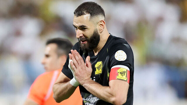 Ittihad's French forward #09 Karim Benzema gestures during the Saudi Pro League football match between Al-Ittihad and Al-Akhdoud at Prince Hathloul bin Abdulaziz Stadium in Najran on September 14, 2023.