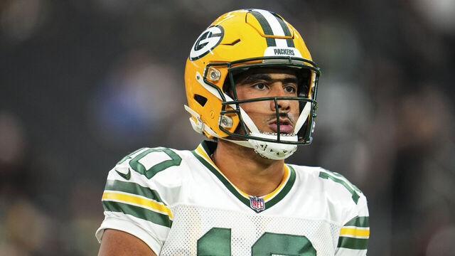 LAS VEGAS, NV - OCTOBER 09: Jordan Love #10 of the Green Bay Packers warms up prior to an NFL football game against the Las Vegas Raiders at Allegiant Stadium on October 9, 2023 in Las Vegas, Nevada.