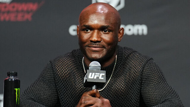 ABU DHABI, UNITED ARAB EMIRATES - OCTOBER 19: Kamaru Usman of Nigeria is seen on stage during the UFC 294 press conference at Etihad Arena on October 19, 2023 in Abu Dhabi, United Arab Emirates.