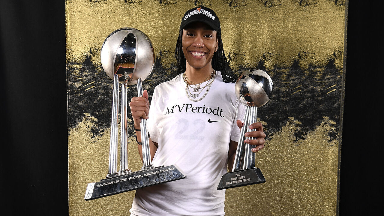 BROOKLYN, NY - OCTOBER 18: MVP A'ja Wilson #22 of the Las Vegas Aces poses for a portrait after winning the WNBA Final during Game 4 of the 2023 WNBA Finals on October 18, 2023 at Barclays Center in Brooklyn, New York. Mandatory Copyright Notice: Copyright 2023 NBAE