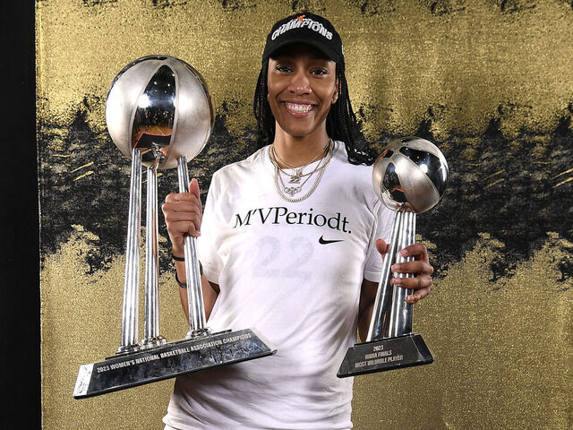 BROOKLYN, NY - OCTOBER 18: MVP A'ja Wilson #22 of the Las Vegas Aces poses for a portrait after winning the WNBA Final during Game 4 of the 2023 WNBA Finals on October 18, 2023 at Barclays Center in Brooklyn, New York. Mandatory Copyright Notice: Copyright 2023 NBAE