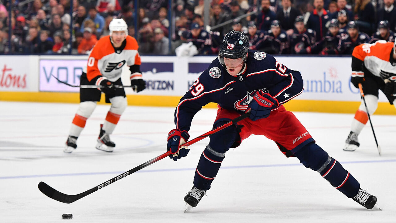 COLUMBUS, OHIO - OCTOBER 12: Patrik Laine #29 of the Columbus Blue Jackets skates with the puck during the first period of a game against the Philadelphia Flyers at Nationwide Arena on October 12, 2023 in Columbus, Ohio.