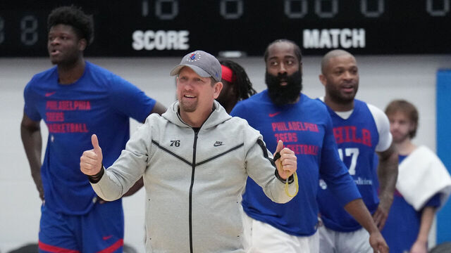 WILMINGTON, DE - OCTOBER 14: Head coach Nick Nurse of the Philadelphia 76ers during an open scrimmage on October 14, 2023 at Chase Fieldhouse in Wilmington, Delaware. NOTE TO USER: User expressly acknowledges and agrees that, by downloading and/or using this Photograph, user is consenting to the terms and conditions of the Getty Images License Agreement. Mandatory Copyright Notice: Copyright 2023 NBAE