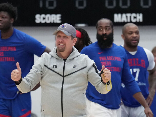 WILMINGTON, DE - OCTOBER 14: Head coach Nick Nurse of the Philadelphia 76ers during an open scrimmage on October 14, 2023 at Chase Fieldhouse in Wilmington, Delaware. NOTE TO USER: User expressly acknowledges and agrees that, by downloading and/or using this Photograph, user is consenting to the terms and conditions of the Getty Images License Agreement. Mandatory Copyright Notice: Copyright 2023 NBAE