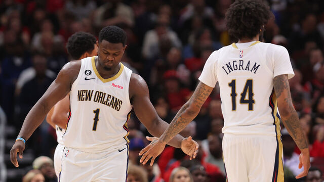 CHICAGO, ILLINOIS - NOVEMBER 09: Zion Williamson #1 and Brandon Ingram #14 of the New Orleans Pelicans celebrate a basket against the Chicago Bulls during the second half at United Center on November 09, 2022 in Chicago, Illinois.