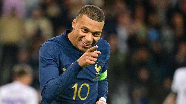 LILLE, FRANCE - OCTOBER 17: Kylian Mbappe #10 of Team France celebrates his first goal during the friendly game between France and Scotland at Decathlon Arena on October 17, 2023 in Lille, France.