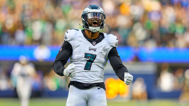 INGLEWOOD, CA - OCTOBER 08: Philadelphia Eagles linebacker Haason Reddick (7) celebrates after a sack during the NFL game between the Philadelphia Eagles and the Los Angeles Rams on October 08, 2023, at SoFi Stadium in Inglewood, CA.
