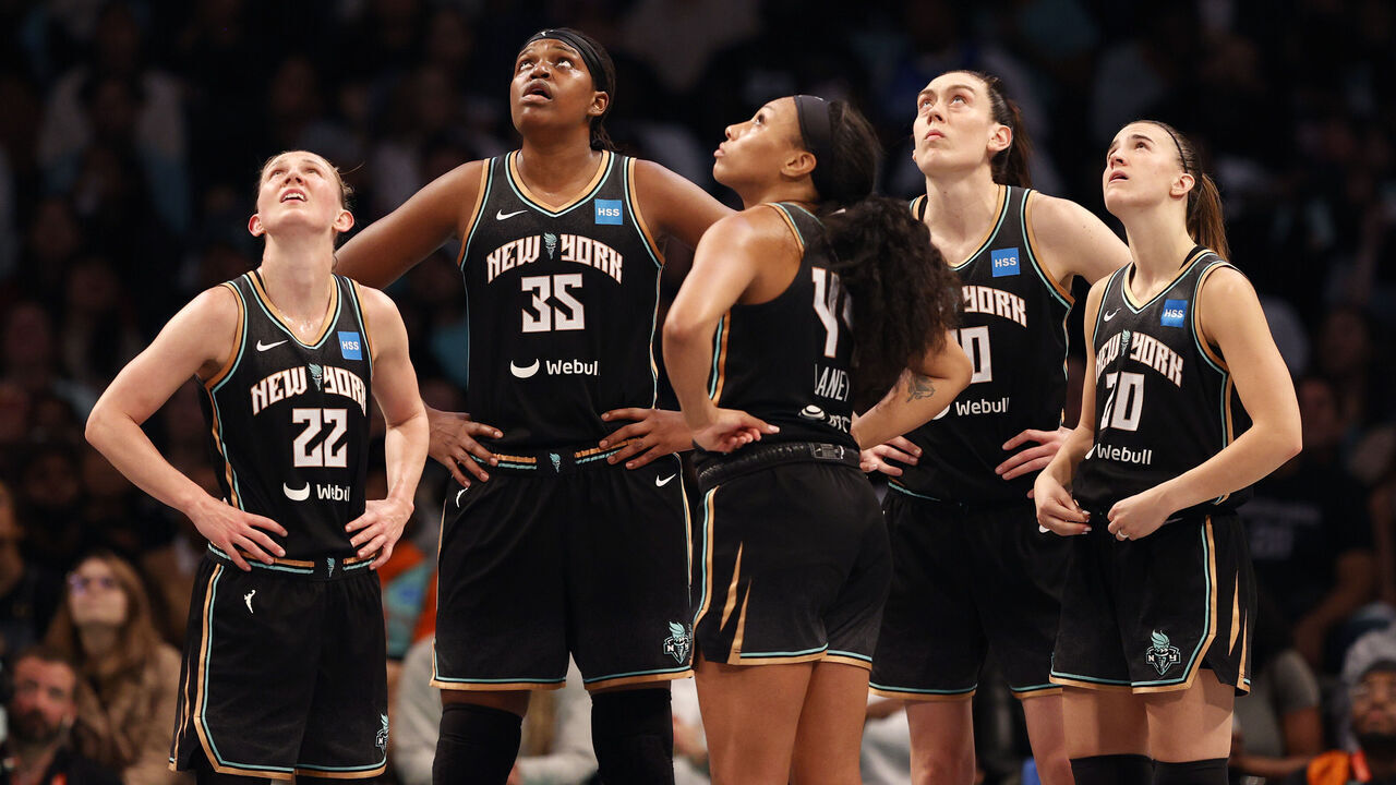 NEW YORK, NEW YORK - OCTOBER 18: Courtney Vandersloot #22, Jonquel Jones #35, Betnijah Laney #44, Breanna Stewart #30 and Sabrina Ionescu #20 of the New York Liberty look on in the second quarter against the Las Vegas Aces during Game Four of the 2023 WNBA Finals at Barclays Center on October 18, 2023 in New York City.