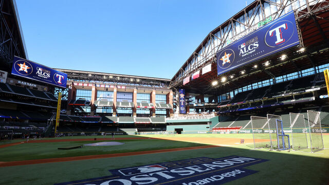 ARLINGTON, TEXAS - OCTOBER 17: General view of Globe Life Field with the roof open before teams work out before Game Three of the American League Championship Series at Globe Life Field on October 17, 2023 in Arlington, Texas.