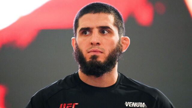 ABU DHABI, UNITED ARAB EMIRATES - OCTOBER 18: Islam Makhachev of Russia holds an open training session for fans and media during the UFC 294 open workouts at Yas Mall on October 18, 2023 in Yas Island, Abu Dhabi, United Arab Emirates.