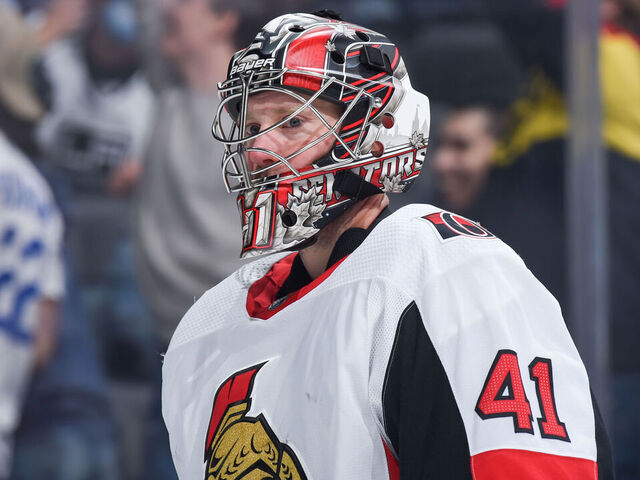 LOS ANGELES, CA - MARCH 11: Craig Anderson #41 of the Ottawa Senators looks on during the second period against the Los Angeles Kings at STAPLES Center on March 11, 2020 in Los Angeles, California.
