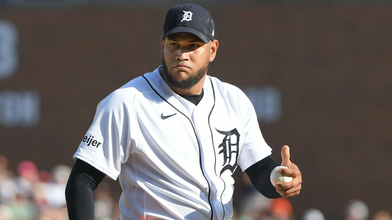 DETROIT, MI - OCTOBER 01: Eduardo Rodriguez #57 of the Detroit Tigers looks on from the pitchers mound during the game against the Cleveland Guardians at Comerica Park on October 1, 2023 in Detroit, Michigan. The Tigers defeated the Guardians 5-2.