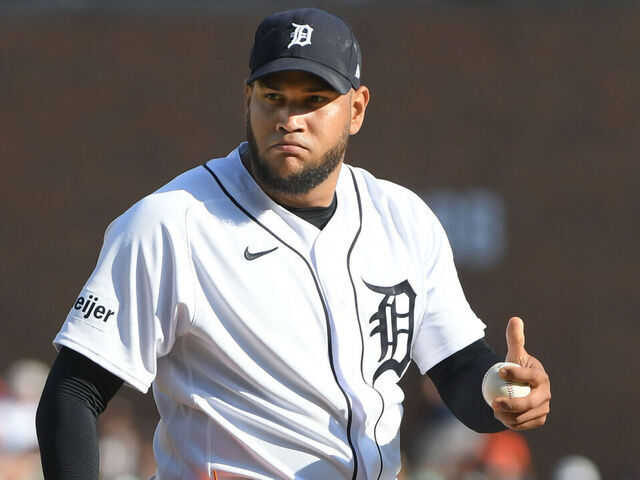 DETROIT, MI - OCTOBER 01: Eduardo Rodriguez #57 of the Detroit Tigers looks on from the pitchers mound during the game against the Cleveland Guardians at Comerica Park on October 1, 2023 in Detroit, Michigan. The Tigers defeated the Guardians 5-2.