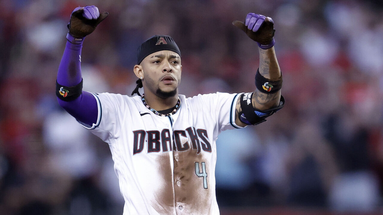 Ketel Marte of the Arizona Diamondbacks reacts after a hit during