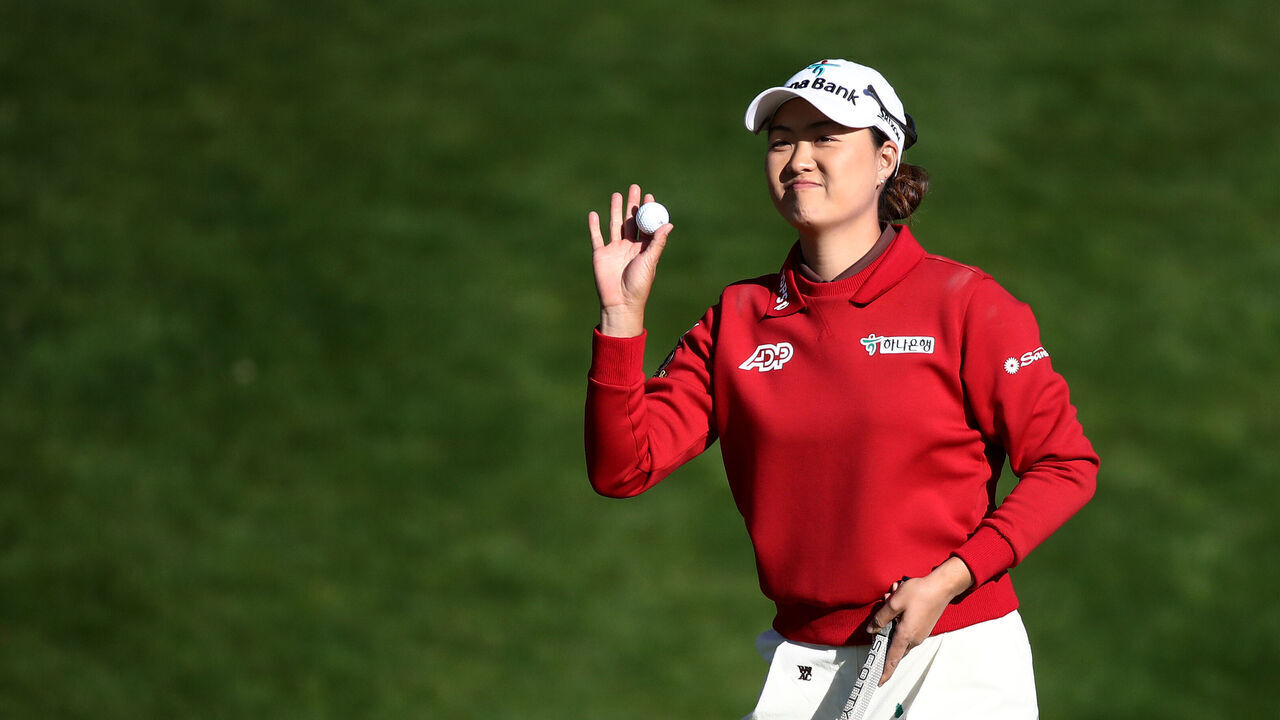 GYEONGGI-DO, SOUTH KOREA - OCTOBER 20: Minjee Lee of Australia reacts after sinking her putt on the 16th green during the second round of the BMW Ladies Championship on the Seowon Hills course at Seowon Valley Country Club on October 20, 2023 in Gyeonggi-do, South Korea.