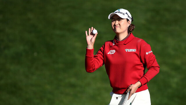 GYEONGGI-DO, SOUTH KOREA - OCTOBER 20: Minjee Lee of Australia reacts after sinking her putt on the 16th green during the second round of the BMW Ladies Championship on the Seowon Hills course at Seowon Valley Country Club on October 20, 2023 in Gyeonggi-do, South Korea.