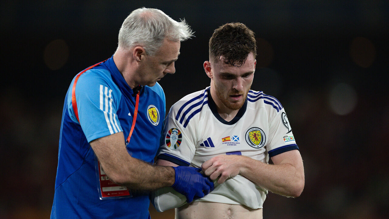 SEVILLE, SPAIN - OCTOBER 12: Andy Robertson of Scotland injures during the UEFA EURO 2024 European qualifier match between Spain and Scotland at Estadio de La Cartuja on October 12, 2023 in Seville, Spain.