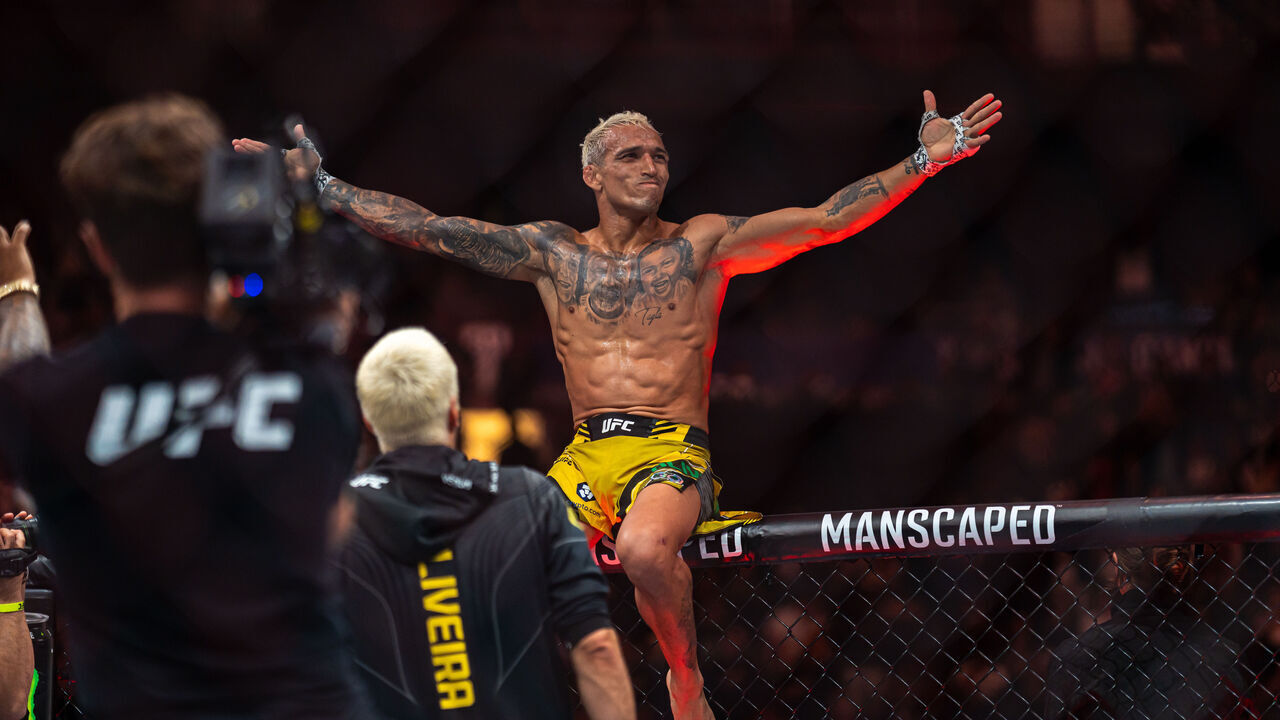 VANCOUVER, CANADA - JUNE 10: Charles Oliveira celebrates his victory over Beneil Dariush during the UFC 289 event at Rogers Arena on June 10, 2023 in Vancouver, Canada.
