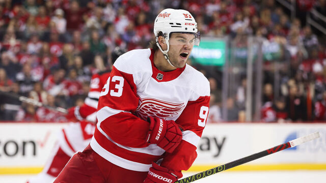NEWARK, NJ - OCTOBER 12: Detroit Red Wings right wing Alex DeBrincat (93) celebrates after scoring a goal during a game between the Detroit Red Wings and New Jersey Devils on October 12, 2023 at Prudential Center in the Newark, New Jersey.