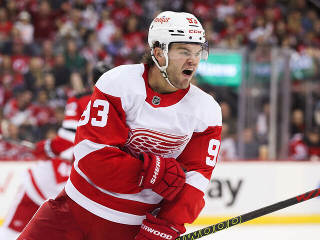 NEWARK, NJ - OCTOBER 12: Detroit Red Wings right wing Alex DeBrincat (93) celebrates after scoring a goal during a game between the Detroit Red Wings and New Jersey Devils on October 12, 2023 at Prudential Center in the Newark, New Jersey.