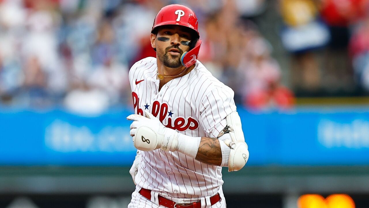 PHILADELPHIA, PA - AUGUST 04: Nick Castellanos #8 of the Philadelphia Phillies rounds the bases after hitting a two run home run during the first inning during the game against the Kansas City Royals on August 4, 2023 at Citizens Bank Park in Philadelphia, Pennsylvania.