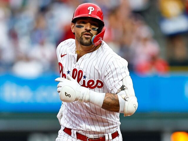 PHILADELPHIA, PA - AUGUST 04: Nick Castellanos #8 of the Philadelphia Phillies rounds the bases after hitting a two run home run during the first inning during the game against the Kansas City Royals on August 4, 2023 at Citizens Bank Park in Philadelphia, Pennsylvania.
