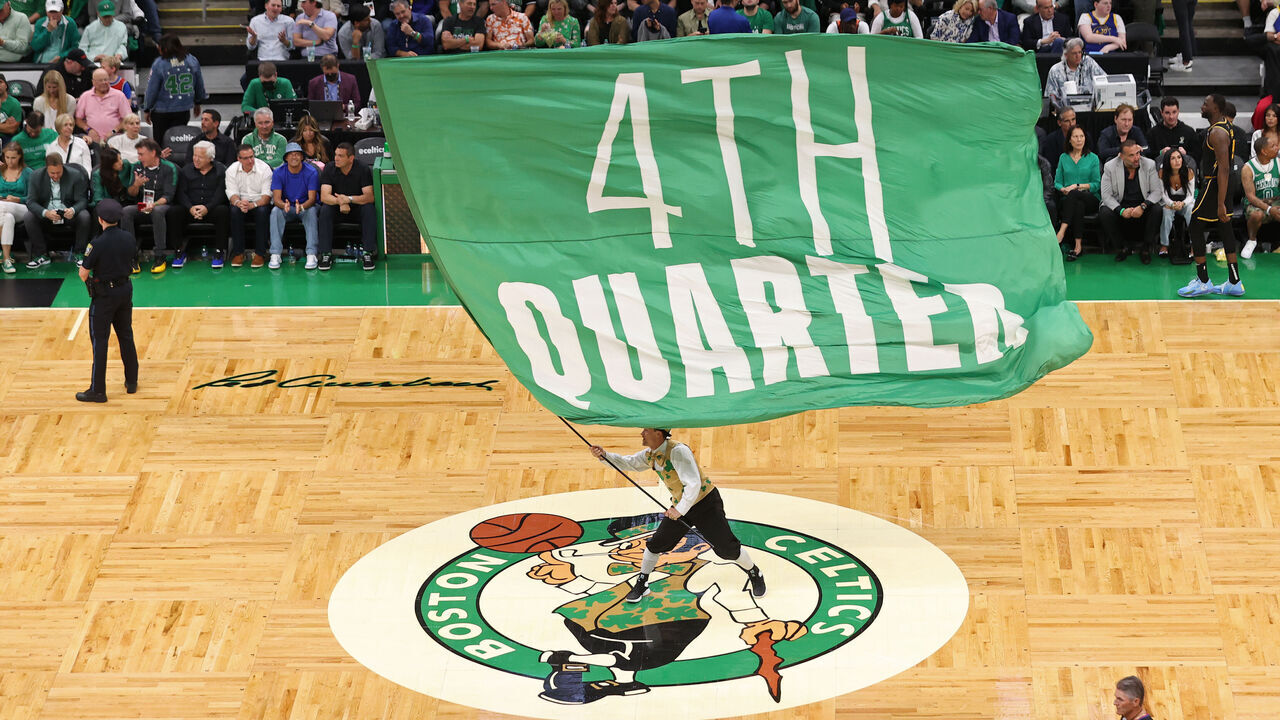 BOSTON, MA - JUNE 8: Mascot Lucky the Leprechaun of the Boston Celtics waves the flag during Game Three of the 2022 NBA Finals against the Golden State Warriors on June 8, 2022 at TD Garden in Boston, Massachusetts. NOTE TO USER: User expressly acknowledges and agrees that, by downloading and or using this photograph, user is consenting to the terms and conditions of Getty Images License Agreement. Mandatory Copyright Notice: Copyright 2022 NBAE
