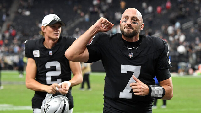 LAS VEGAS, NEVADA - OCTOBER 15: Brian Hoyer #7 of the Las Vegas Raiders celebrates after his team's 21-17 win against the New England Patriots at Allegiant Stadium on October 15, 2023 in Las Vegas, Nevada.