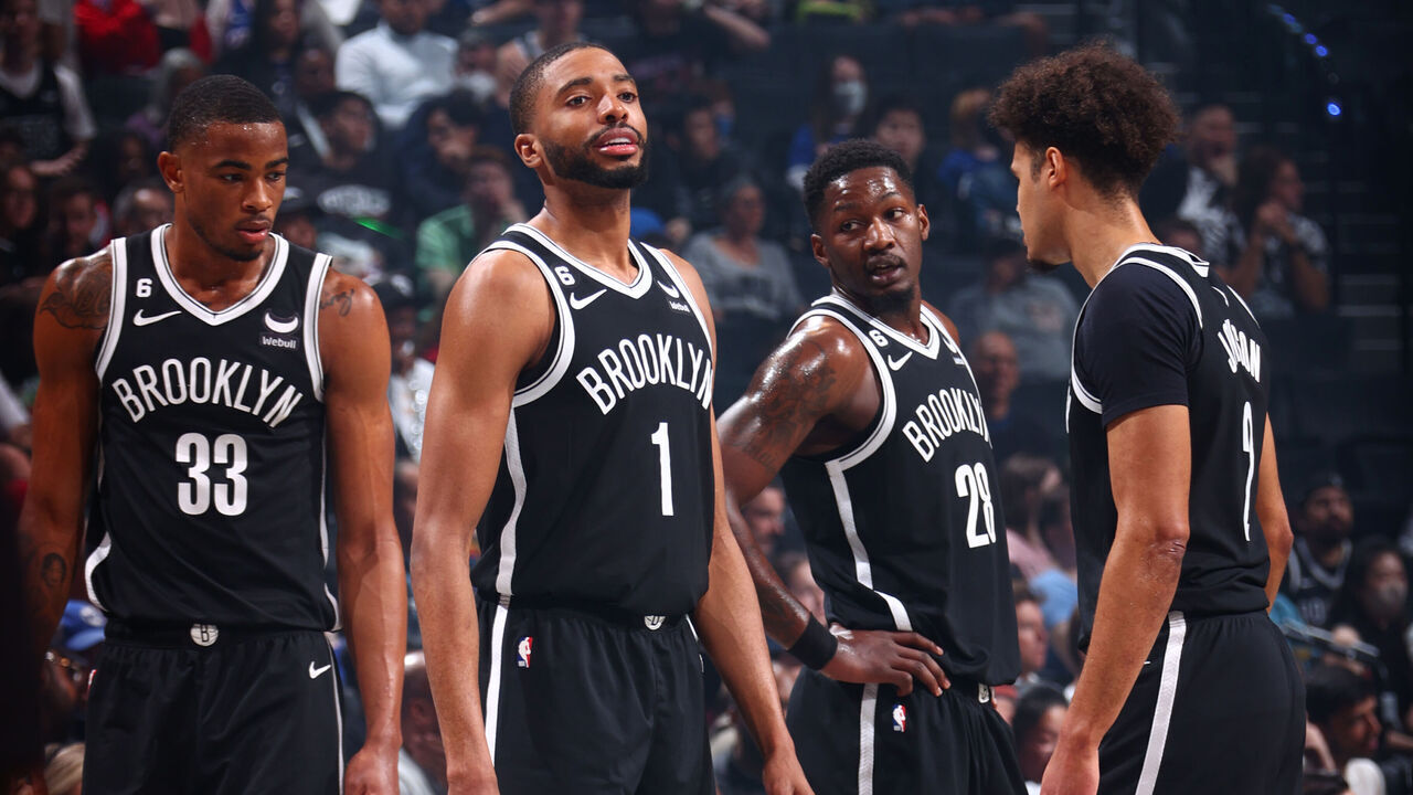 BROOKLYN, NY - APRIL 22: Nicolas Claxton #33, Mikal Bridges #1, Dorian Finney-Smith #28 and Cameron Johnson #2 of the Brooklyn Nets look on during the game against the Philadelphia 76ers during Round 1 Game 4 of the 2023 NBA Playoffs on April 22, 2023 at Barclays Center in Brooklyn, New York. Mandatory Copyright Notice: Copyright 2023 NBAE