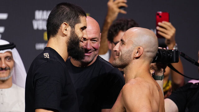 ABU DHABI, UNITED ARAB EMIRATES - OCTOBER 20: (L-R) Opponents Islam Makhachev of Russia and Alexander Volkanovski of Australia face off during the UFC 294 ceremonial weigh-in at Etihad Arena on October 20, 2023 in Abu Dhabi, United Arab Emirates.