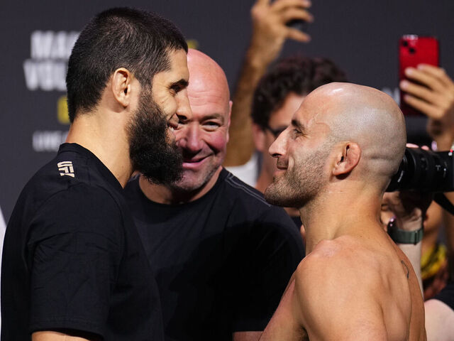ABU DHABI, UNITED ARAB EMIRATES - OCTOBER 20: (L-R) Opponents Islam Makhachev of Russia and Alexander Volkanovski of Australia face off during the UFC 294 ceremonial weigh-in at Etihad Arena on October 20, 2023 in Abu Dhabi, United Arab Emirates.