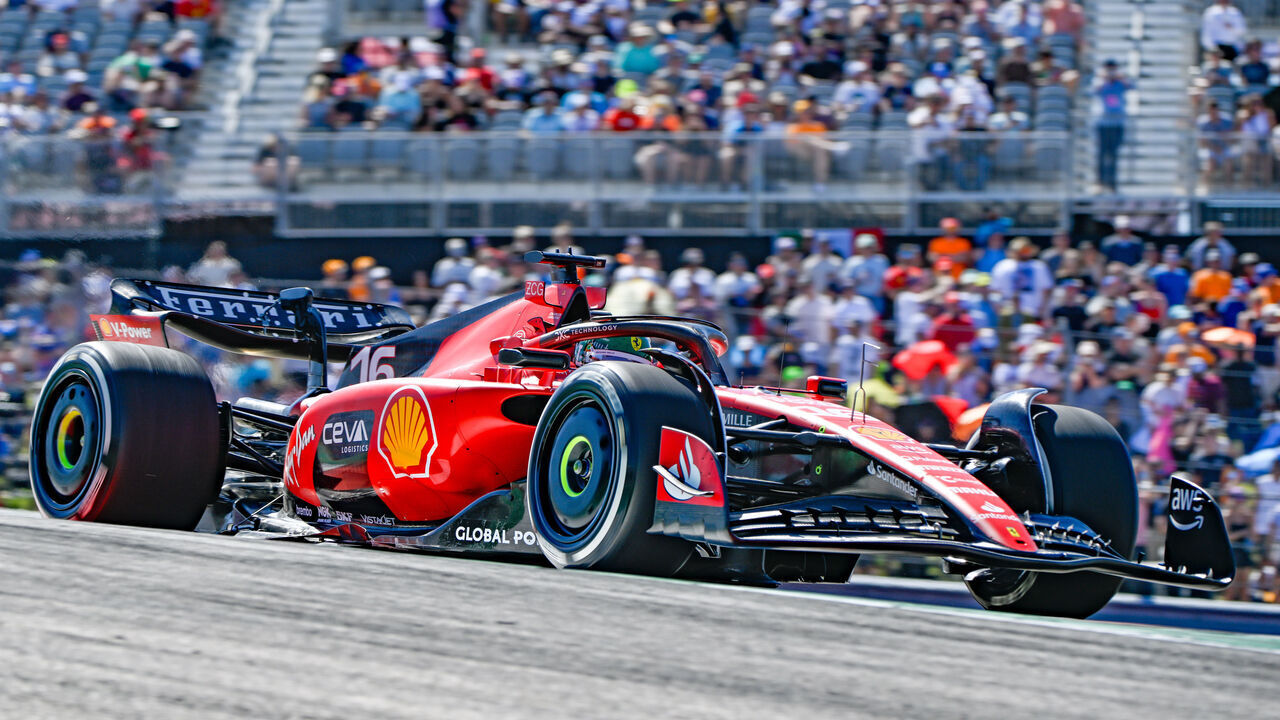 AUSTIN, TX - OCTOBER 20: Scuderia Ferrari driver Charles Leclerc (16) of Monaco exits turn 2 during the first practice session of the Formula 1 Lenovo United States Grand Prix on October 20, 2023, at Circuit of The Americas in Austin, Texas.