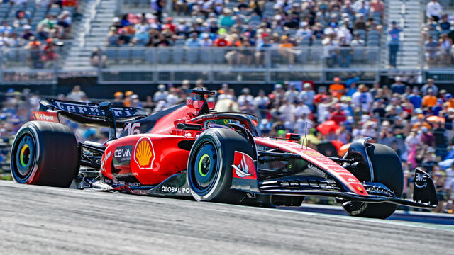AUSTIN, TX - OCTOBER 20: Scuderia Ferrari driver Charles Leclerc (16) of Monaco exits turn 2 during the first practice session of the Formula 1 Lenovo United States Grand Prix on October 20, 2023, at Circuit of The Americas in Austin, Texas.