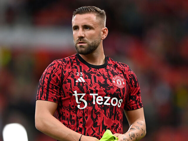 MANCHESTER, ENGLAND - AUGUST 14: Luke Shaw of Manchester United warms up ahead of the Premier League match between Manchester United and Wolverhampton Wanderers at Old Trafford on August 14, 2023 in Manchester, England.