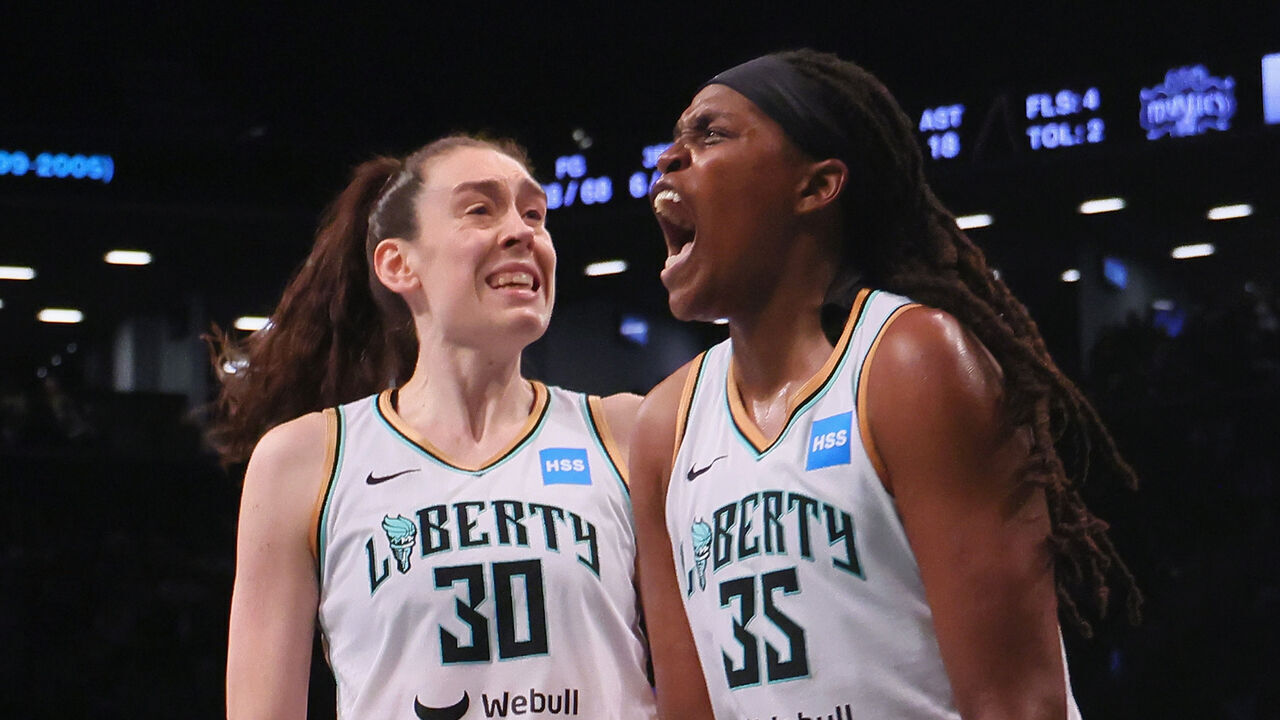 NEW YORK, NEW YORK - SEPTEMBER 19: Breanna Stewart #30 and Jonquel Jones #35 of the New York Liberty celebrate a block against the Washington Mystics during Game Two of Round One of the 2023 Playoffs at the Barclays Center on September 19, 2023 in the Brooklyn borough of New York City. The Liberty defeated the Mystics 90-85 in overtime.