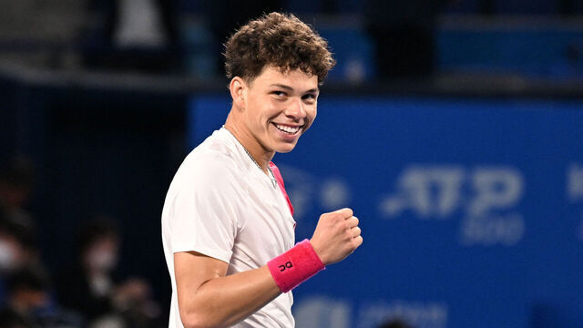 USA's Ben Shelton celebrates his win over USA's Marcos Giron during their men's singles semi-final match at the ATP Japan Open tennis tournament in Tokyo on October 21, 2023.