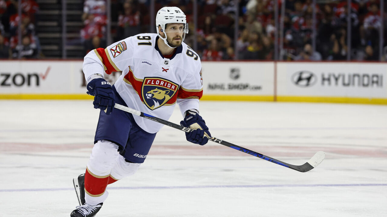 NEWARK, NEW JERSEY - OCTOBER 16: Oliver Ekman-Larsson #91 of the Florida Panthers in action against the New Jersey Devils during a game at Prudential Center on October 16, 2023 in Newark, New Jersey. The Panthers defeated the Devils 4-3.