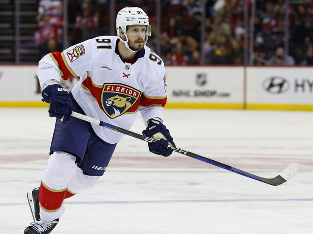 NEWARK, NEW JERSEY - OCTOBER 16: Oliver Ekman-Larsson #91 of the Florida Panthers in action against the New Jersey Devils during a game at Prudential Center on October 16, 2023 in Newark, New Jersey. The Panthers defeated the Devils 4-3.