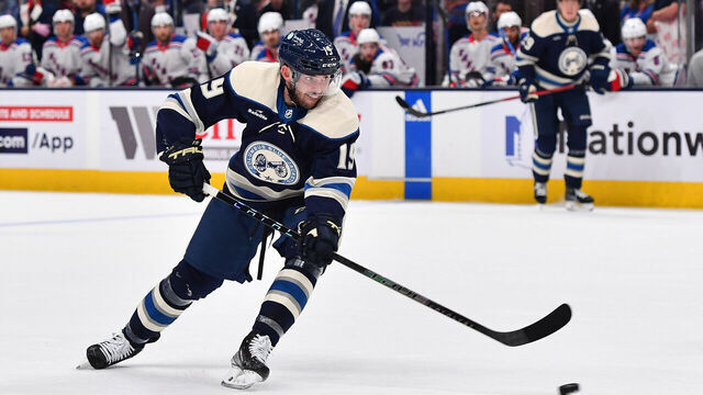 COLUMBUS, OHIO - OCTOBER 14: Liam Foudy #19 of the Columbus Blue Jackets shoots the puck during the first period of a game against the New York Rangers at Nationwide Arena on October 14, 2023 in Columbus, Ohio.