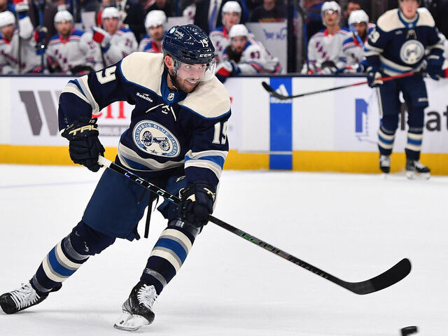 COLUMBUS, OHIO - OCTOBER 14: Liam Foudy #19 of the Columbus Blue Jackets shoots the puck during the first period of a game against the New York Rangers at Nationwide Arena on October 14, 2023 in Columbus, Ohio.