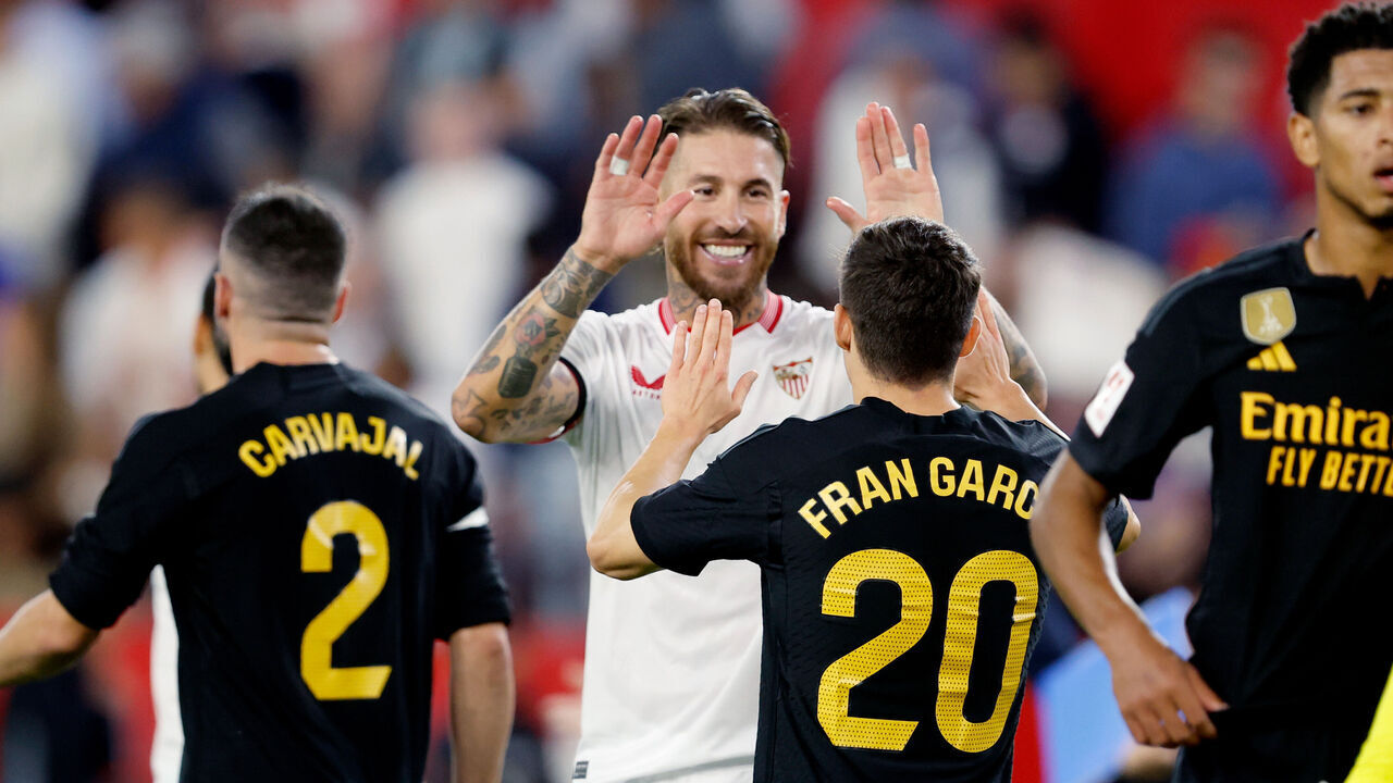 SEVILLA, SPAIN - OCTOBER 21: Sergio Ramos of Sevilla FC Fran Garcia of Real Madrid during the LaLiga EA Sports match between Sevilla v Real Madrid at the Estadio Ramon Sanchez Pizjuan on October 21, 2023 in Sevilla Spain