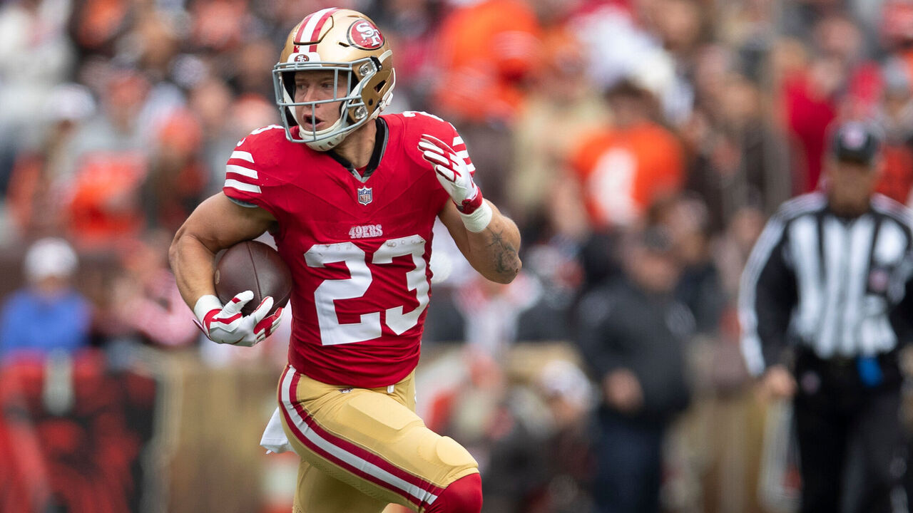 CLEVELAND, OH - OCTOBER 15: Christian McCaffrey #23 of the San Francisco 49ers rushes during the game against the Cleveland Browns at Cleveland Browns Stadium on October 15, 2023 in Cleveland, Ohio. The Browns defeated the 49ers 19-17.