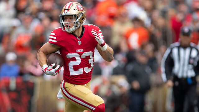 CLEVELAND, OH - OCTOBER 15: Christian McCaffrey #23 of the San Francisco 49ers rushes during the game against the Cleveland Browns at Cleveland Browns Stadium on October 15, 2023 in Cleveland, Ohio. The Browns defeated the 49ers 19-17.