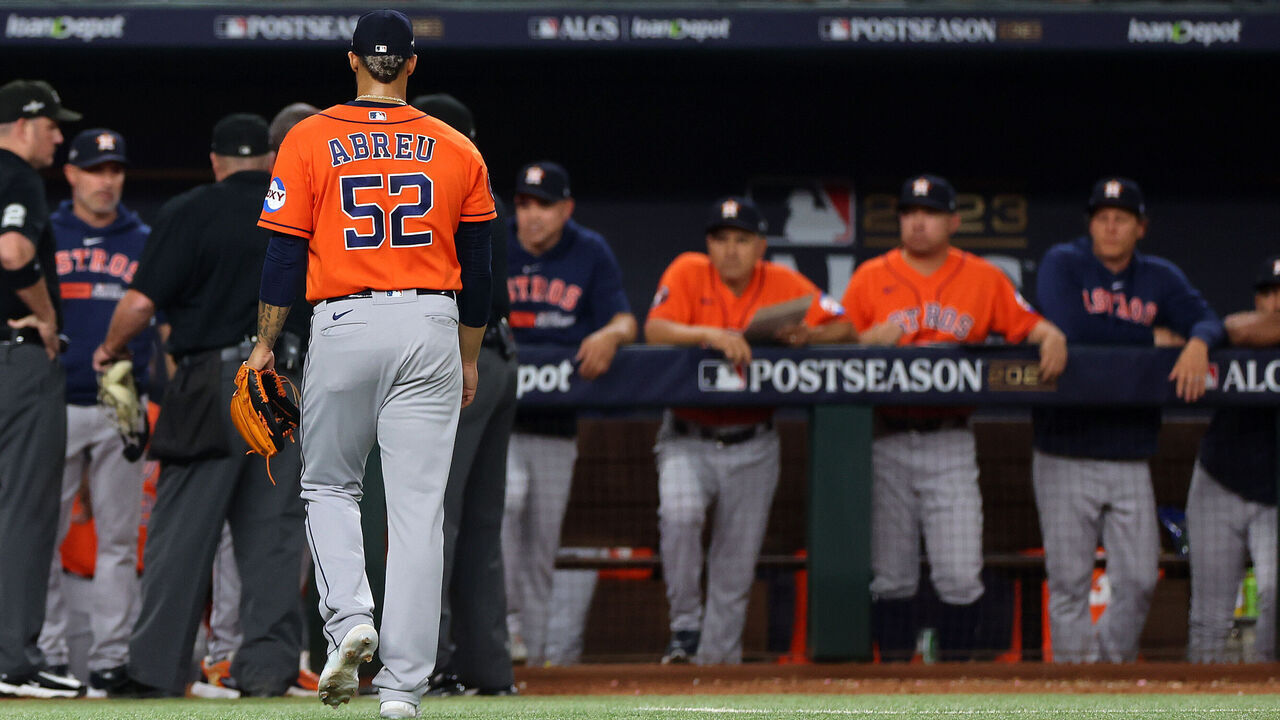 ARLINGTON, TEXAS - OCTOBER 20: Bryan Abreu #52 of the Houston Astros leaves the field after being ejected for hitting Adolis Garcia #53 of the Texas Rangers with a pitch during the eighth inning in Game Five of the American League Championship Series at Globe Life Field on October 20, 2023 in Arlington, Texas.