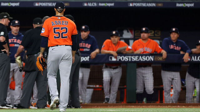 ARLINGTON, TEXAS - OCTOBER 20: Bryan Abreu #52 of the Houston Astros leaves the field after being ejected for hitting Adolis Garcia #53 of the Texas Rangers with a pitch during the eighth inning in Game Five of the American League Championship Series at Globe Life Field on October 20, 2023 in Arlington, Texas.