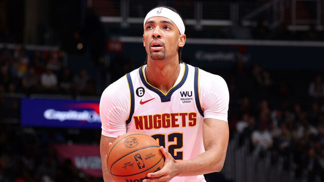 WASHINGTON, DC - MARCH 22: Zeke Nnaji #22 of the Denver Nuggets prepares to shoot a free throw during the game against the Washington Wizards on March 22, 2023 at Capital One Arena in Washington, DC. Mandatory Copyright Notice: Copyright 2023 NBAE
