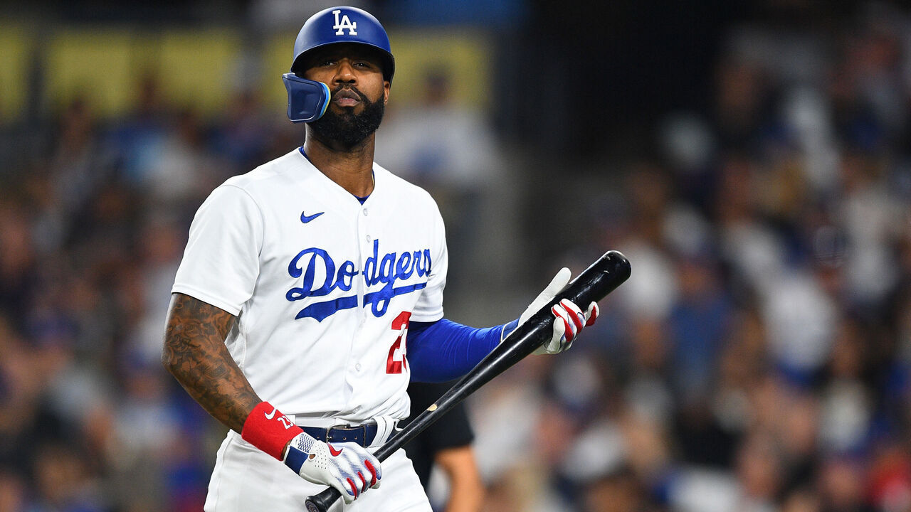 LOS ANGELES, CA - OCTOBER 09: Los Angeles Dodgers right fielder Jason Heyward (23) walks back to the dugout after striking out during the MLB NLDS Game 1 between the Arizona Diamondbacks and the Los Angeles Dodgers on October 9, 2023 at Dodger Stadium in Los Angeles, CA.