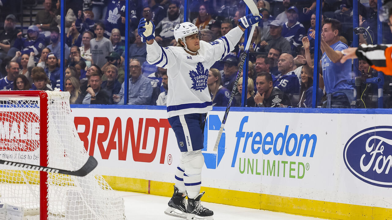TAMPA, FL - OCTOBER 21: William Nylander #88 of the Toronto Maple Leafs celebrates a goal against the Tampa Bay Lightning during the first period at Amalie Arena on October 21, 2023 in Tampa, Florida.