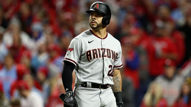 PHILADELPHIA, PENNSYLVANIA - OCTOBER 16: Tommy Pham #28 of the Arizona Diamondbacks walks back to the dugout after striking out in the first inning against the Philadelphia Phillies during Game One of the Championship Series at Citizens Bank Park on October 16, 2023 in Philadelphia, Pennsylvania.