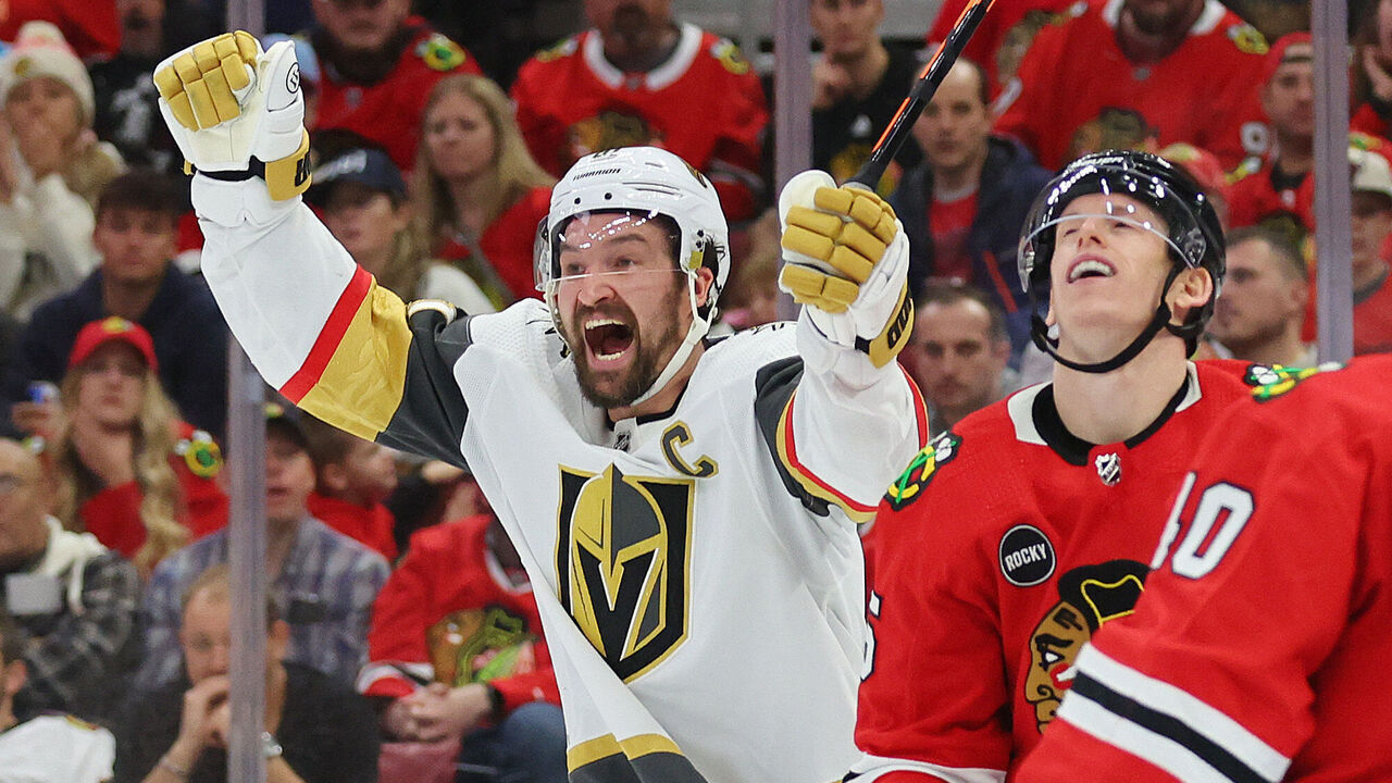 CHICAGO, ILLINOIS - OCTOBER 21: Mark Stone #61 of the Vegas Golden Knights celebrates after scoring a goal against the Chicago Blackhawks during the third period at the United Center on October 21, 2023 in Chicago, Illinois.